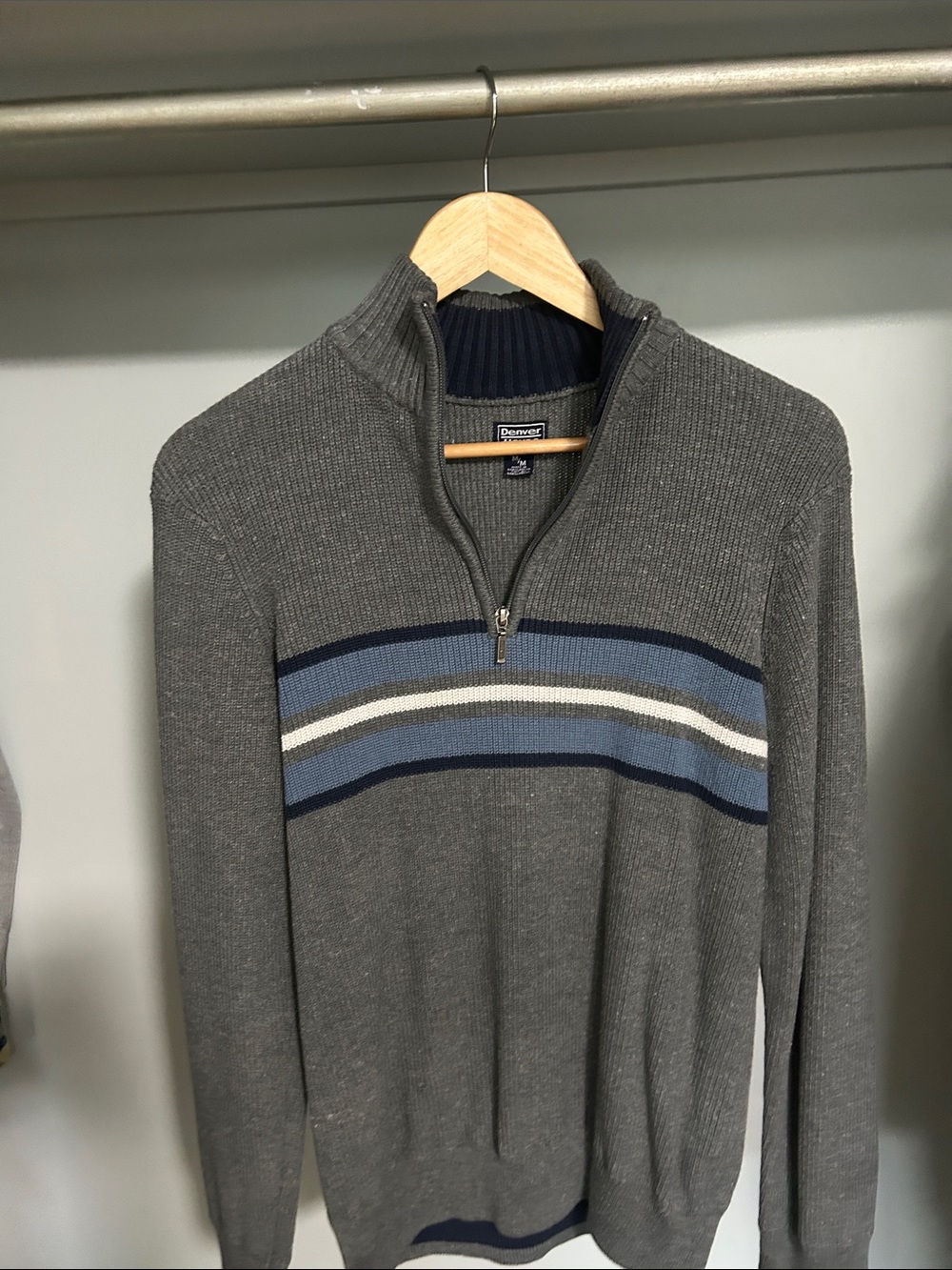 Denver Hayes Men's Grey Quarter-Zip Sweater with Blue Stripe